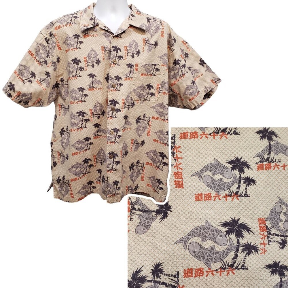 VTG Route 66 in Japanese & Koi Fish Print Camp Shirt Tropical Retro Mens XL